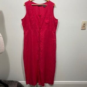 Liz Claiborne Lizsport Fuchsia Linen Sleeveless‎ Button Front Midi Dress XL